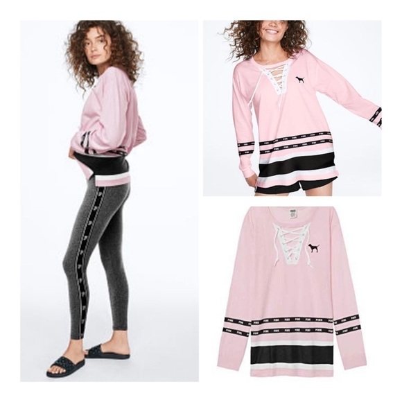 PINK Victoria’s Secret Lace-Up Campus Longsleeve Tee - Pink/Black/White - Picture 1 of 16